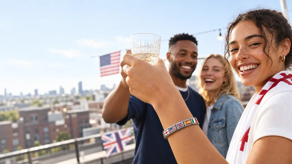 Friends wearing country flag charm bracelets while traveling