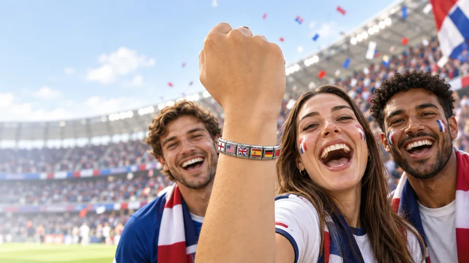 National team supporters wearing a flag charm bracelet