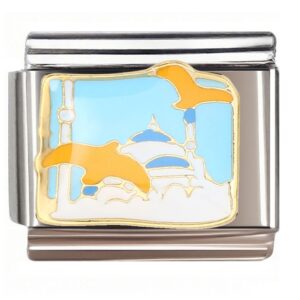 Cartoon Blue Dome Mosque with Orange Birds Italian Charms Bracelet