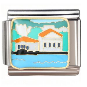 Cartoon Coastal Orange Roof Houses Italian Charms Bracelet