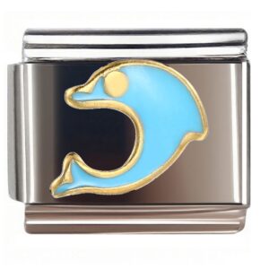 Golden Trim Blue Dolphin Italian Charms Bracelet