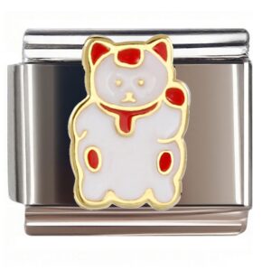 Lucky Cat Red Accents Italian Charms Bracelet