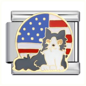 Patriotic Cat with US Flag Italian Charms Bracelet