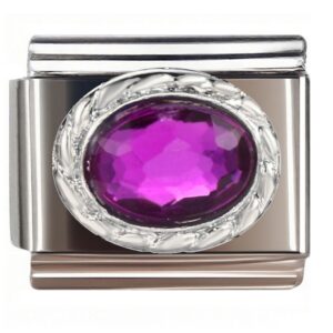 Oval Purple Gem Leaf Frame Italian Charms Bracelet