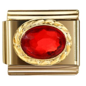 Red Oval Gem with Golden Leaf Frame Italian Charms Bracelet
