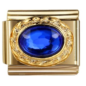 Ornate Blue Gem Gold Frame Italian Charms Bracelet
