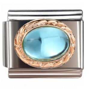 Leaf-Bordered Blue Gem Italian Charms Bracelet