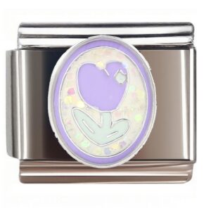 Lavender Heart Flower Glitter Italian Charms Bracelet