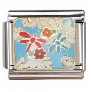 Golden Outlined Colorful Floral Design Italian Charms Bracelet