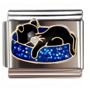 Mosaic Black Cat with Heart Italian Charms Bracelet