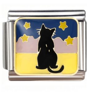 Starry Night Black Cat Silhouette Italian Charms Bracelet