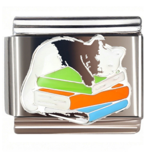 Sleeping Cat on Book Stack Italian Charms Bracelet