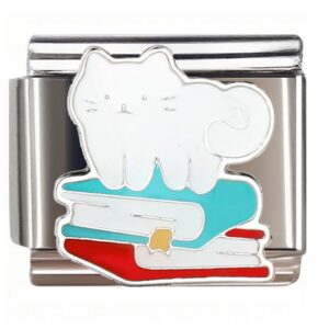 White Cat on Stacked Books Italian Charms Bracelet