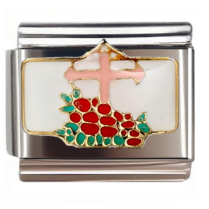 Pink Cross with Red Green Ornamentation Italian Charms Bracelet