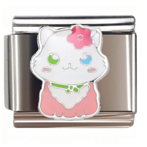 Cute Kitten with Pink Flower Italian Charms Bracelet