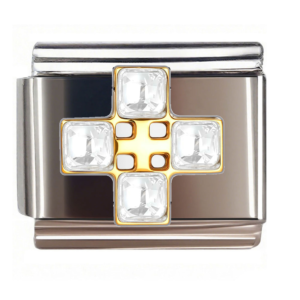 NOOFNO Italian Charm Bracelet Silver Gold Cross Crystal Link Stainless