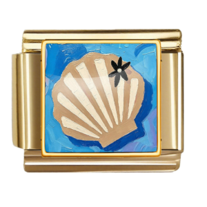 Tan Fan Shell with Black Flower